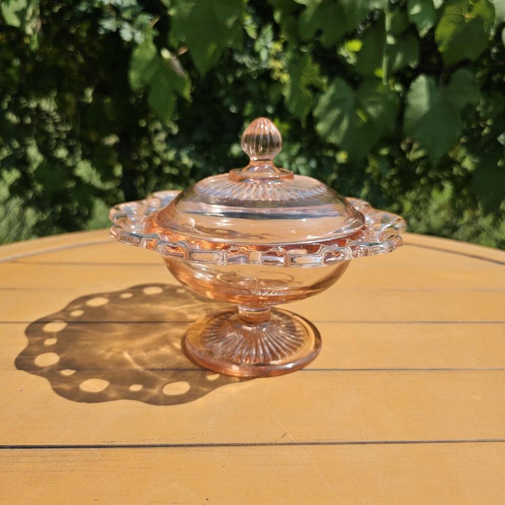 Vintage Indiana Glass Old Colony Lace Edge Pink Glass Pedestal Bowl/Lid**FLAWS**